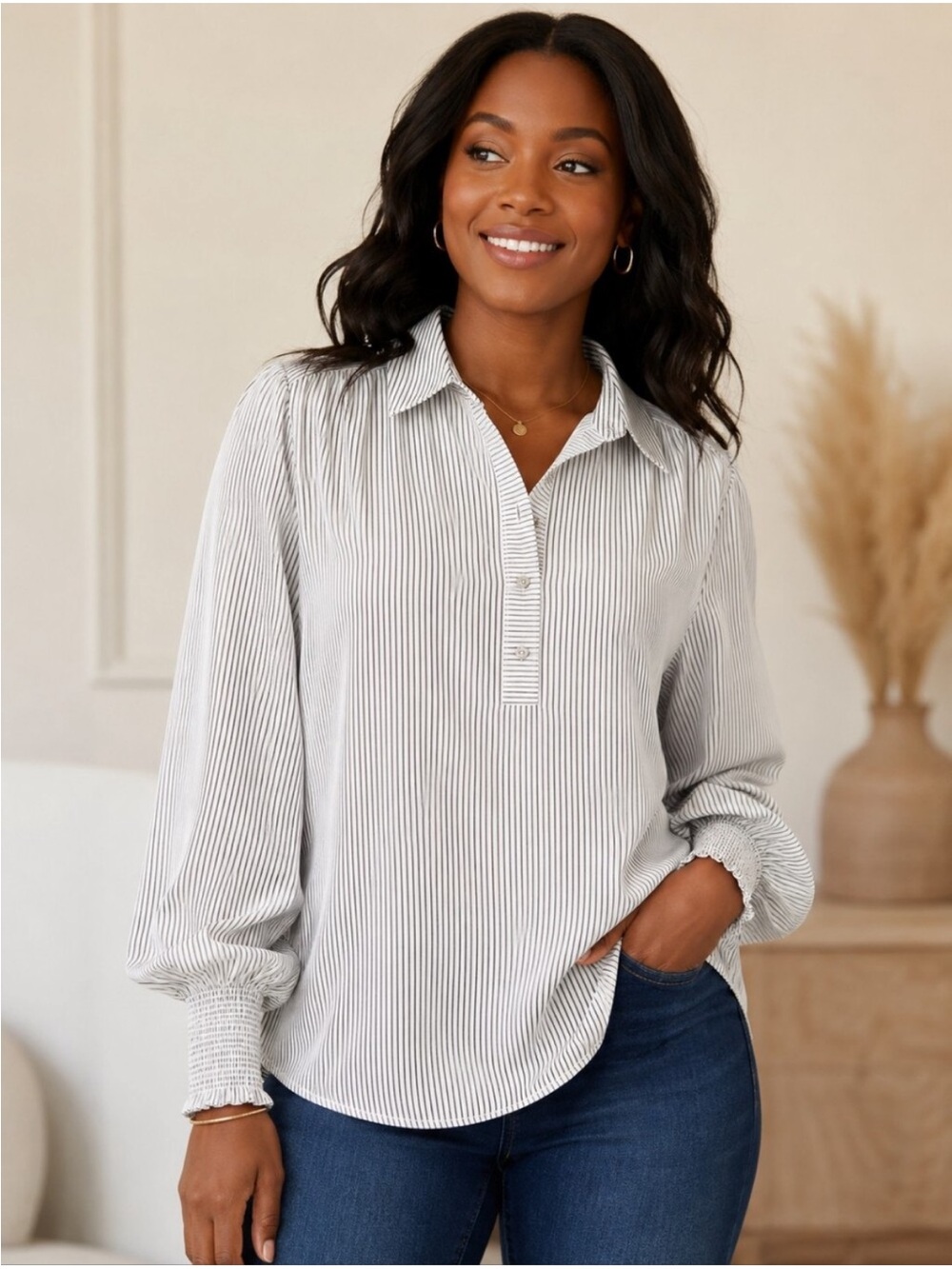CAbi - Classic Blouse Fall 2024 - Long-sleeve button placket shirt.